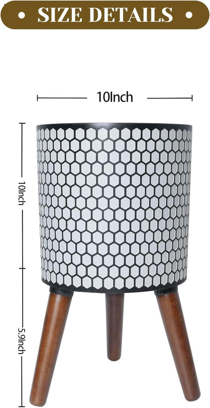 Flower Pot with Legs Tall Flower Pot with Drainage Holes for Indoor and Outdoor Decorative Planting (White Black Honeycomb, 10 Inches)