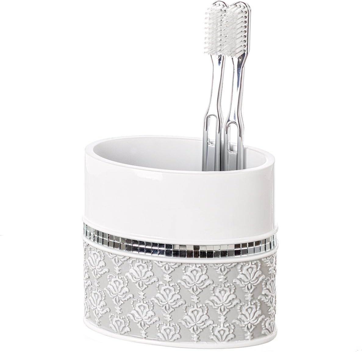 Creative Scents Mirror Damask Toothbrush Holder for Bathroom - Gray & White Toothbrush and Toothpaste Holder - Decorative Toothbrush Cup for Bathroom Holds Multiple Standard Or Electric Toothbrushes