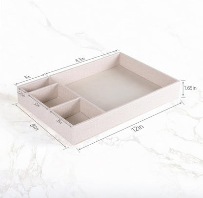 Desktop Storage Organizer, Nightstand or Dresser Organizer, Valet Tray, Entry Table Organizer, 4 Compartments,PU Leather Drawer Storage Organizer Decorative Trays. (Pearl White—2)