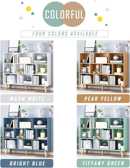 IOTXY Wooden Open Shelf Bookcase - 3-Tier Floor Standing Display Cabinet Rack with Legs, 10 Cubes Bookshelf, Bright Blue