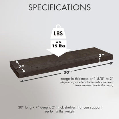 Urban Legacy Reclaimed Barnwood Planks | Floating Shelves for Wall w/Flush Mount Shelf Bracket Set Included | Set of 2 (Coffee Bean, 30"x7"x 2")