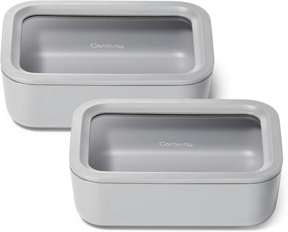 Caraway 2pc Glass Food Storage Set - 6.6 Cup Food Containers (2) - Ceramic Coated - Non Toxic, Non Stick Lunch Box with Lids. Dishwasher, Oven, & Microwave Safe - Gray
