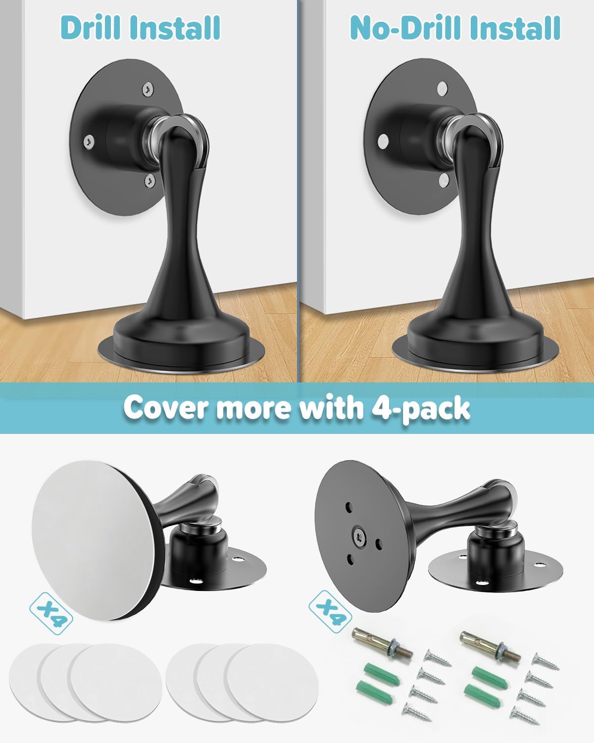 Door Stoppers Magnetic Door Catch - 4 Pack Stainless Steel Heavy Duty Door Stops for Bottom of Door, Wall & Floor Mounting No-Drill Strong Adhesive & Screws, Strong Door Holder to Keep Door Open
