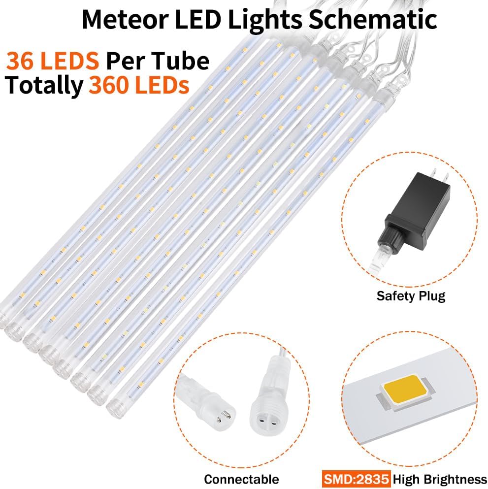【2 Pack】 Christmas Lights Meteor Shower Rain Lights 20inch, Totally 20 Tube 720 LEDs Icicle Lights Outdoor Raindrop Lights for Xmas Halloween Wedding Party Tree Holiday Decoration, White