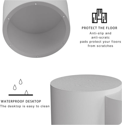 Round Coffee Table Set of 2, Nesting Coffee Table and End Table Set Small Circle Drum Side Table for Living Room Office, No Assembly (D White Crescent)