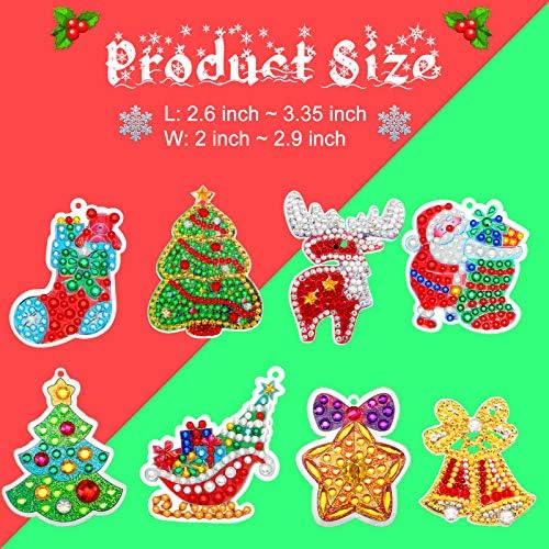 Chuangdi 20 Pieces Christmas Diamond Painting Ornaments Christmas Tree Diamond Art Kits 5d Double Sided Santa Snowman Keychain Keyring DIY Pendant Xmas Party Decor