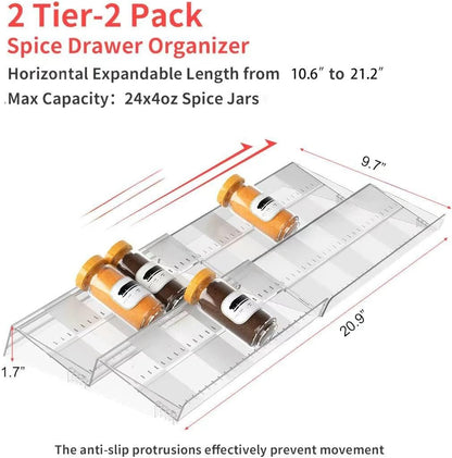 2-Tier Non-Slip Spice Drawer Organizer, 2-Pack Checkered Frosted Clear Acrylic, Expandable (11''-22'') Spice Rack for Kitchen Drawer Storage – Holds Seasonings, Herbs, and Spices (Jars Not Included)