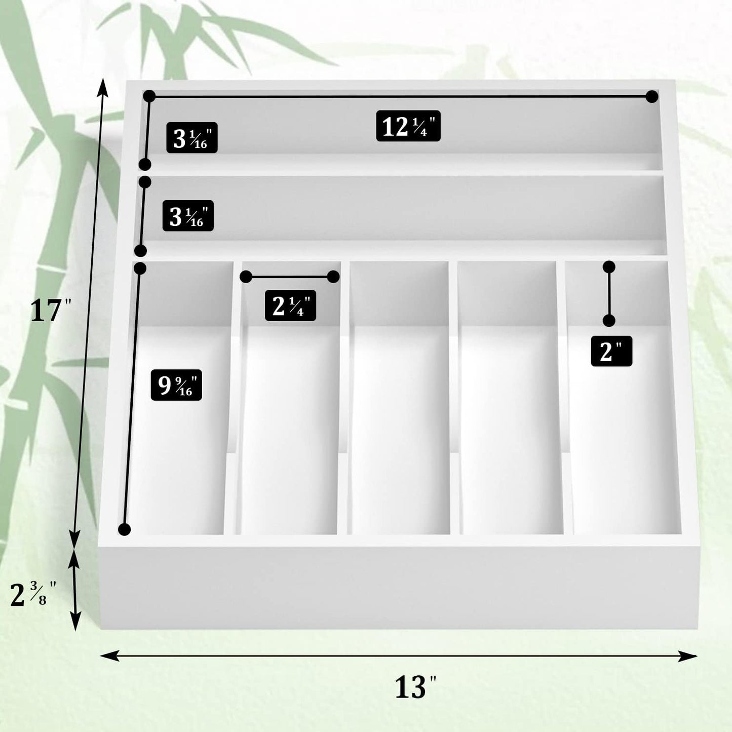 Utensil Organizer Silverware Drawer Organizer - 7 Slots Bamboo Cutlery Organizer Multi-Purpose Silverware Divider for Kitchen Flatware, Hair Accessories, Repair Tools, Art Set W13”x L17” (White)