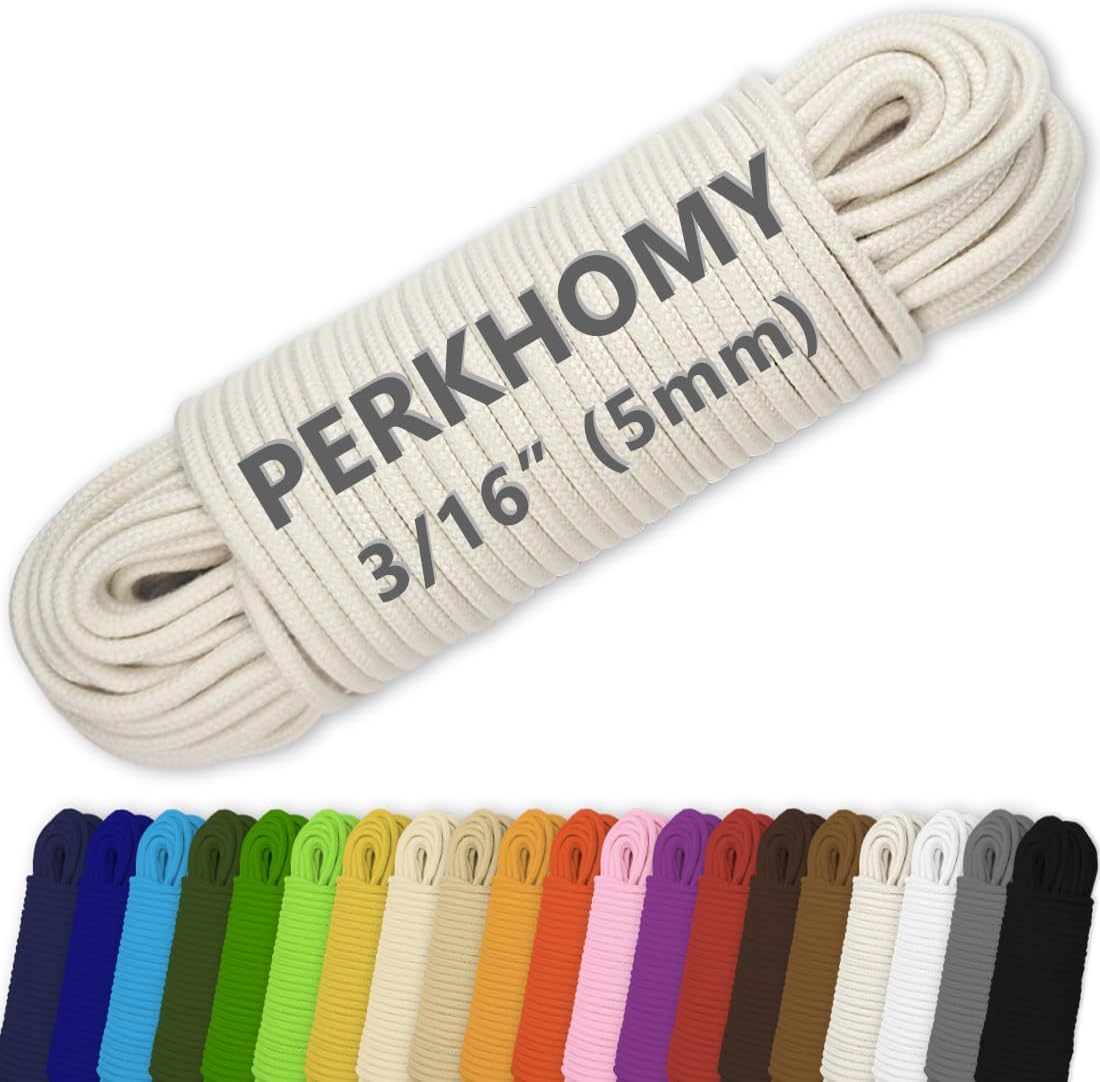 PerkHomy 100 ft 3/16" (5mm) Cotton Rope Multi Purpose Utility Diamond Braided Cord, Natural Cotton for Clothes Line Camping Crafting Flag Pole, Natural White