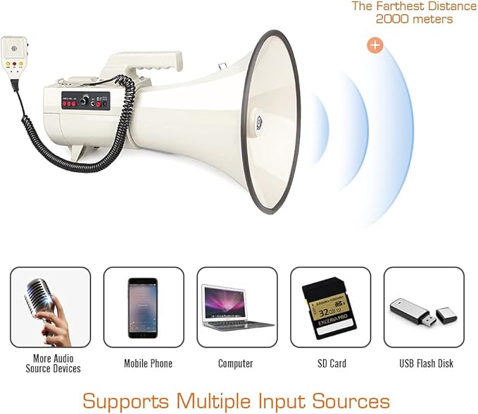 Heavy Duty 75W Professional Megaphone Bullhorn Speaker with Built-in Microphone-Rechargeable Battery&Portable Strap-Siren -USB/SD/AUX Input-Ideal for Football, Baseball,Coaches