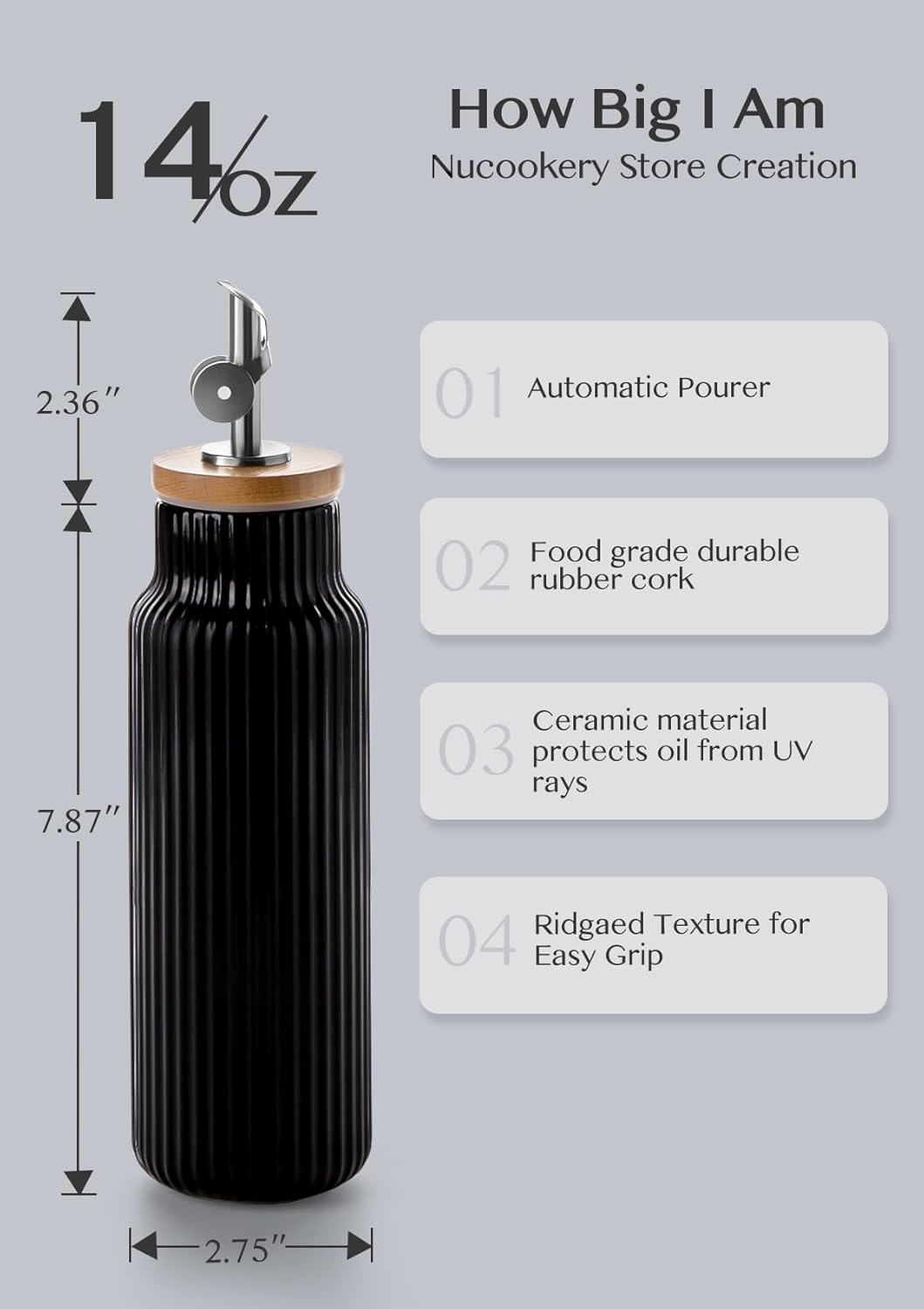 Nucookery Ceramic Olive Oil Dispenser Bottle for Kitchen, 14 oz Opaque Vinegar Dispenser Bottle, Large Capacity Cooking Oil Container for Storage Vinegar, Soy Sauce, Coffee Syrup, Black