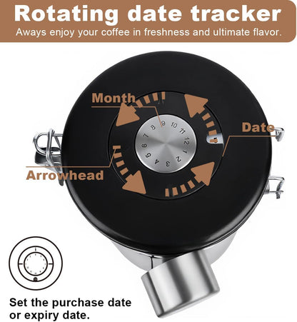 Coffee Canister Airtight Storage Container Stainless Steel Coffee Jar with Scoop,Date Tracker CO2 Release Valve for Dry Food Beans Ground Tea Flour Cereal and Sugar (1.8L Grey-Brown With Spoon(2pcs))