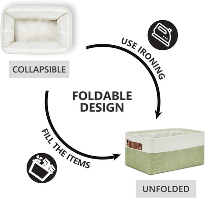 DULLEMELO Storage Baskets for Shelves, Small Fabric Collapsible Rectangular Storage Baskets for Organizing, Closets, Nursery, Home, Office, Empty Gift Baskets (6-Pack, White&Green)