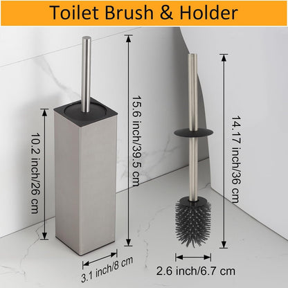 BGL Toilet Brush and Holder Set Brushed Nickel Aluminium Freestanding Toilet Bowl Cleaner Brush and Holder for Bathroom Storage and Organization, Square Design Sturdy and Space Saving