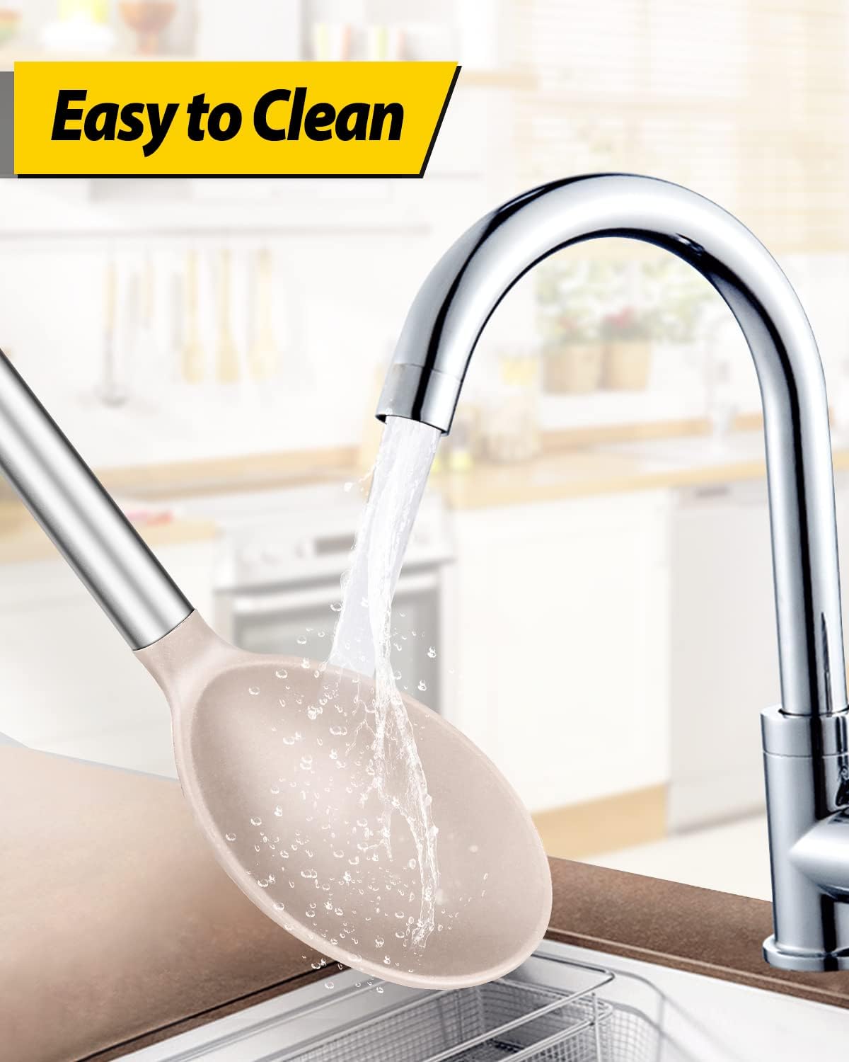 Pack of 2 Large Silicone Cooking Spoons,Non Stick Solid Basting Spoon,Heat-Resistant Kitchen Utensils for Mixing,Serving,Draining,Stirring (STAINLESS STEEL KHAKI)