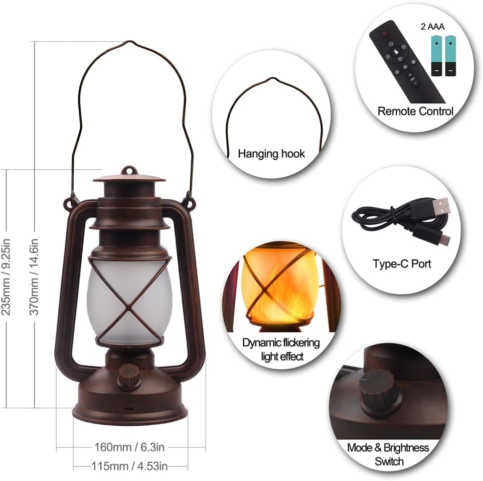 Lantern LED Battery Powered Camping Lamp Outdoor Hanging Lantern Flickering Flame Rechargeable Retro Lanterns Remote Control 4 Modes Light Non-Solar 2 Pack