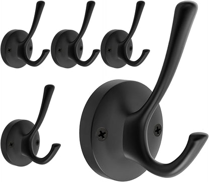 Black Towel Hooks for Wall, 5 Pack Coat Robe Hook Heavy Duty Metal Double Bath Hook Wall Mounted, Hat Hooks for Cubicle Bathroom Kitchen Closet Garage