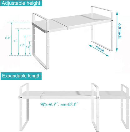 iPEGTOP Expandable Cabinet Storage Shelf Organizer Rack, Heavy Duty Cupboard Stand Spice Rack Adjustable Height Garage Pantry Shelf Space Riser for Counter Kitchen Organization, White, 1 Pack