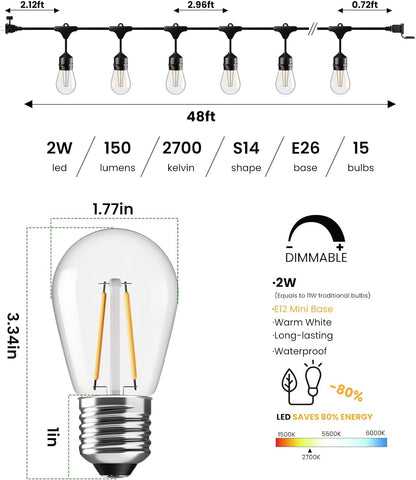 Svater 96 FT Outdoor String Lights 2W, Patio Light for Outside with 32 Antique S14 Plastic LED Bulbs, IP65 Waterproof Hanging Cafe Market Lighting, ETL-Listed Dimmable Warm White 2700K (48 FT x 2)
