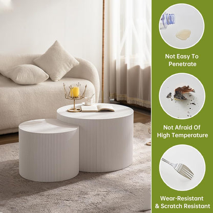 Round Nesting Coffee Table Modern White Fluted Coffee Table Set of 2 Stripe Round Coffee Tables Drum Crescent Side Table Accent End Table for Living Room (White A Small)