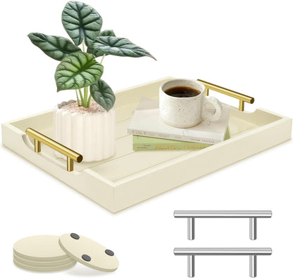 Coffee Table Tray - Large Ottoman Tray for Living Room - Wood Serving Trays with Handles(2 Sets) - Wooden Trays for Coffee Table, 4 Round Coasters Included, Off-White