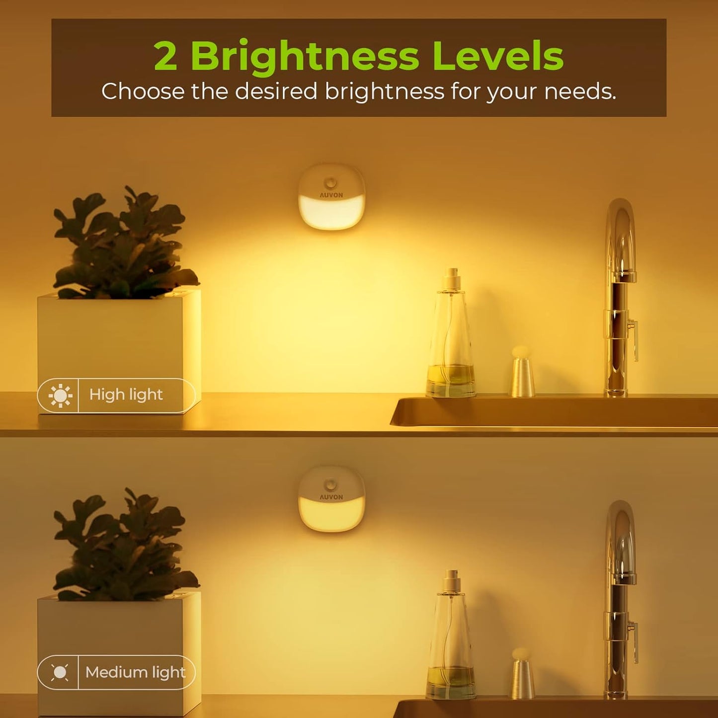 AUVON Rechargeable Battery Night Light, Mini with Motion Sensor, Warm White LED Stick-On Closet Light with Dusk to Dawn Sensor, Adjustable Brightness for Wall, Stairs, Hallway, Cabinet (4 Pack)