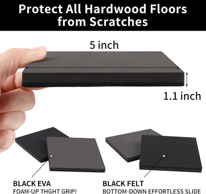 Ezprotekt 5" Square Felt Furniture Movers Sliders for Hardwood Floors, 8 Pcs Reusable Felt Furniture Moving Pads for Heavy Duty Bed Sofa Fridge Couch, Move Item Easily and Quickly (Black)