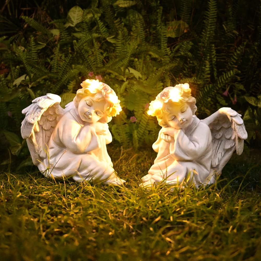 Angel Statue Garden Decor for Outside Solar Outdoor Decorations Patio Cherub Christmas Yard Porch Home Lawn Art Light up Figurine Memorial Sculpture Gift for Mom Mother Grandma