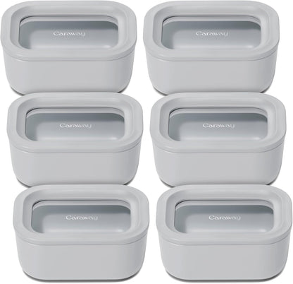 Caraway 6pc Glass Food Storage Set - 2.6 Cup Storage Containers For Food (6) - Non-Toxic Ceramic-Coated Glass - Air Release Technology - Compact & Stackable Design - Gray