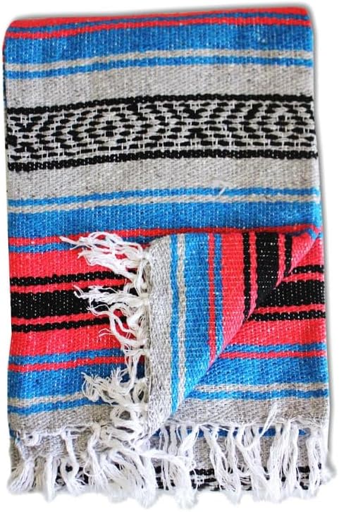 Del Mex Classic Mexican Blanket, Large Authentic Woven Falsa Throw (70"x50"), Artisan Southwest Décor for Beach, Yoga, Outdoors (Salmon/Blue)