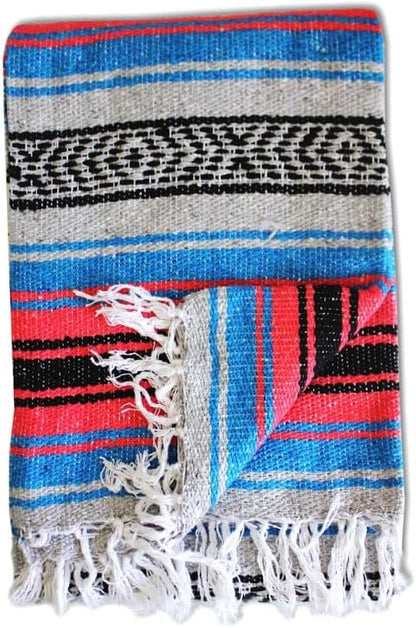 Del Mex Classic Mexican Blanket, Large Authentic Woven Falsa Throw (70"x50"), Artisan Southwest Décor for Beach, Yoga, Outdoors (Salmon/Blue)