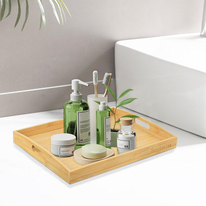 Bamboo Serving Tray Set of 2 Elegant for Coffee, Eating or Decor - Large and Small Rectangle Serving Trays with Handles - Wood Serving Tray Suitable for Home, Kitchen and Outdoor