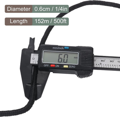 500 Feet 1/4 Inch Black Polyester Rope, 6 mm Polypropylene Utility Rope for Kayaking, Camping, Home Decor