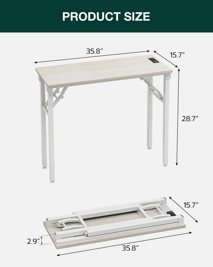 Frylr Small Folding Computer Desk – 35.8 Inch Portable Table for Craft and Study, Lightweight Desk for Small Spaces, Foldable Laptop Table Built-in AC/USB Outlets for Convenience, White Ash