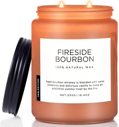 M&SENSE Fireside Bourbon Candles Strong Scented, 2 Wick Jar Candle 19.4oz 110 Hour Long Lasting, Organic Natural Soy Wax Candle for Bedroom Kitchen Home Decor, Warm Housewarming Gifts for Men Women