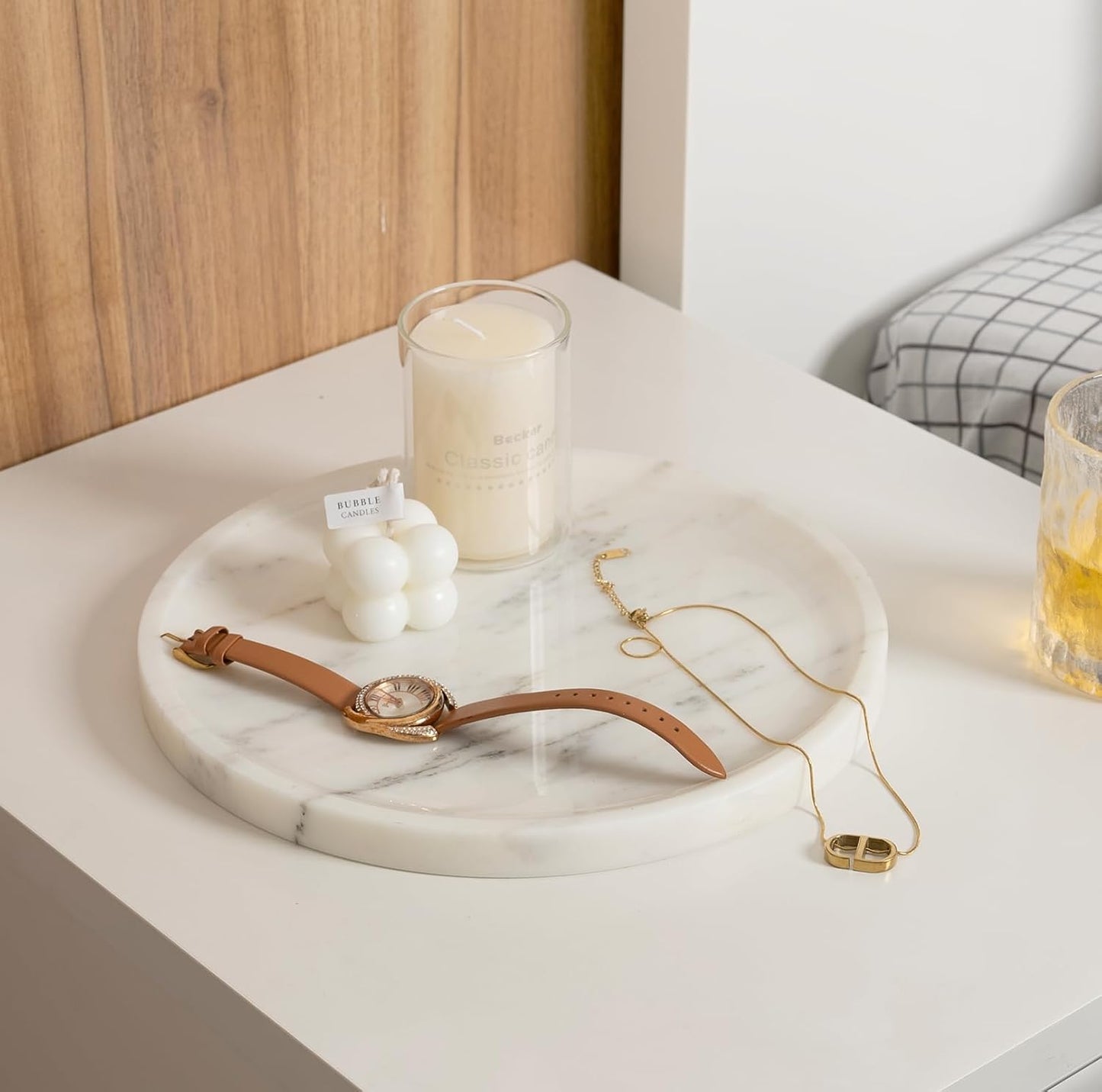 Natural Round Marble Tray - Luxury Decorative Serving Tray for Coffee Table, Bathroom Vanity, Dresser & Kitchen Countertop - Stone Organizer for Jewelry, Perfume, Candle, Home Decor -Statuario