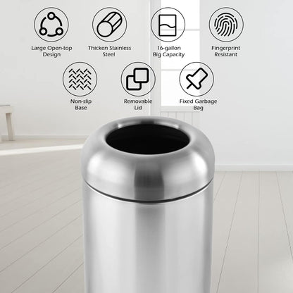 Dyna-Living Large Trash Can Outdoor Stainless Steel Garbage Can with Lid Open Top Tall Trash Bin Commercial Big Kitchen Garbage Bin Industrial Waste Container (Silver)