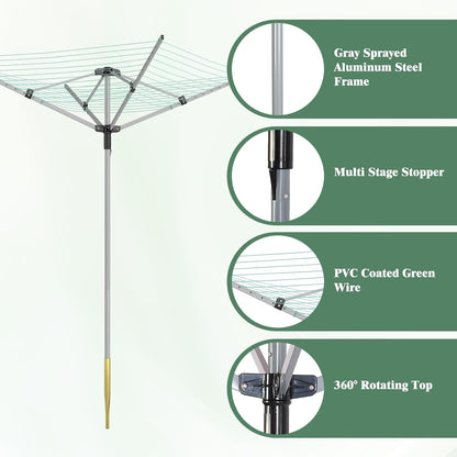 Outdoor Umbrella Drying Rack 165 Feet Umbrella Clothesline with 12 Lines Rotary Drying Rack Adjustable Height 4-Arm Foldable Clothes Drying Rack with Protective Cover for Backyard- Green