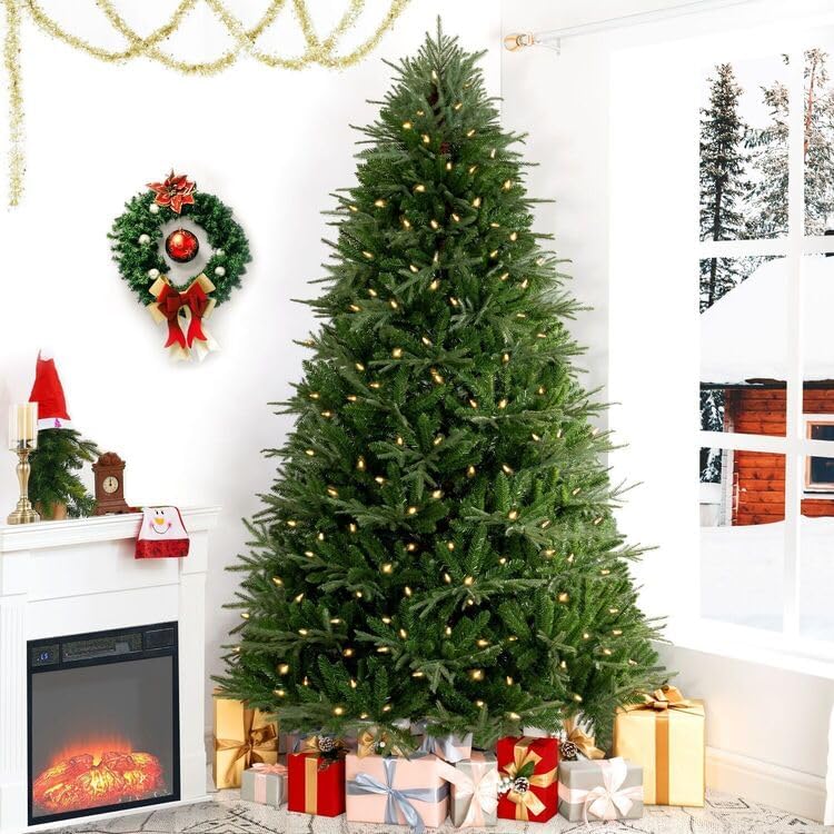 Naomi Home 7.5ft Christmas Tree with Lights, Realistic Prelit with Hinged Design with Foot Pedal, 2755 Branch Tips, 600 Warm Lights and Metal Stand, Aritificial Tree