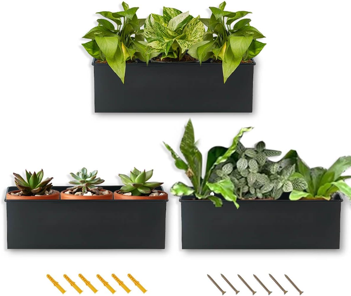 vensovo Metal Wall Hanging Planter Boxes – 12" Rectangle Flower Pots, 3 Pack with Drainage, Durable Galvanized Finish for Indoor Outdoor Balcony Fence Windowsill, Black