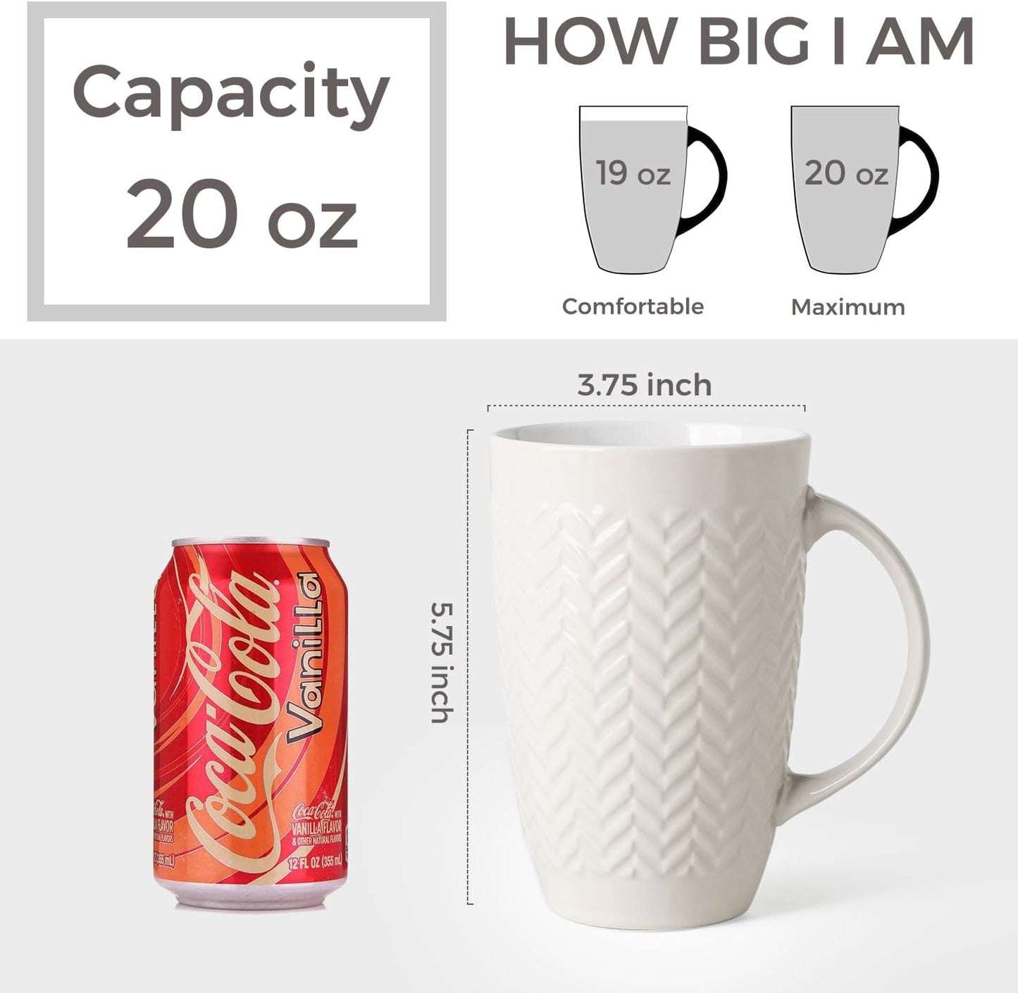 AmorArc Extra Large Coffee Mugs Set of 6, 20oz Ceramic Tall Coffee Mugs Set with Textured Geometric Patterns for Coffee/Tea/Beer/Hot Cocoa, Dishwasher & Microwave Safe,Beige