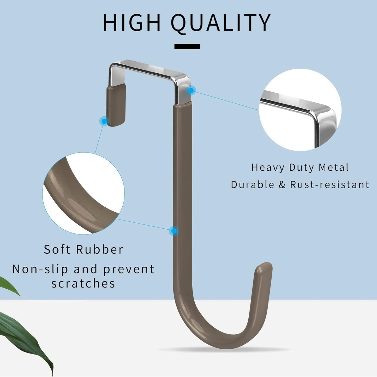 FYY Over The Door Hooks, 4 Pack Door Hangers Hooks with Rubber Prevent Scratches Heavy Duty Organizer Hooks for Living Room, Bathroom, Bedroom Hanging Clothes, Towels, Hats, Coats, Bags Brown