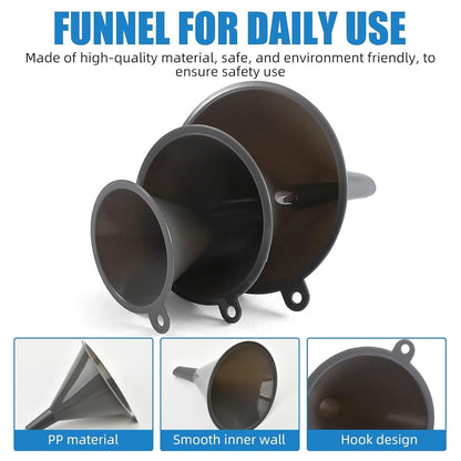 Plastic Kitchen Funnel Set of 3, Round Kitchen Funnels for Filling Bottles, Durable and Multifunctional Funnels for Filling Canning, Cooking, Lab or Car Oil (Gray)