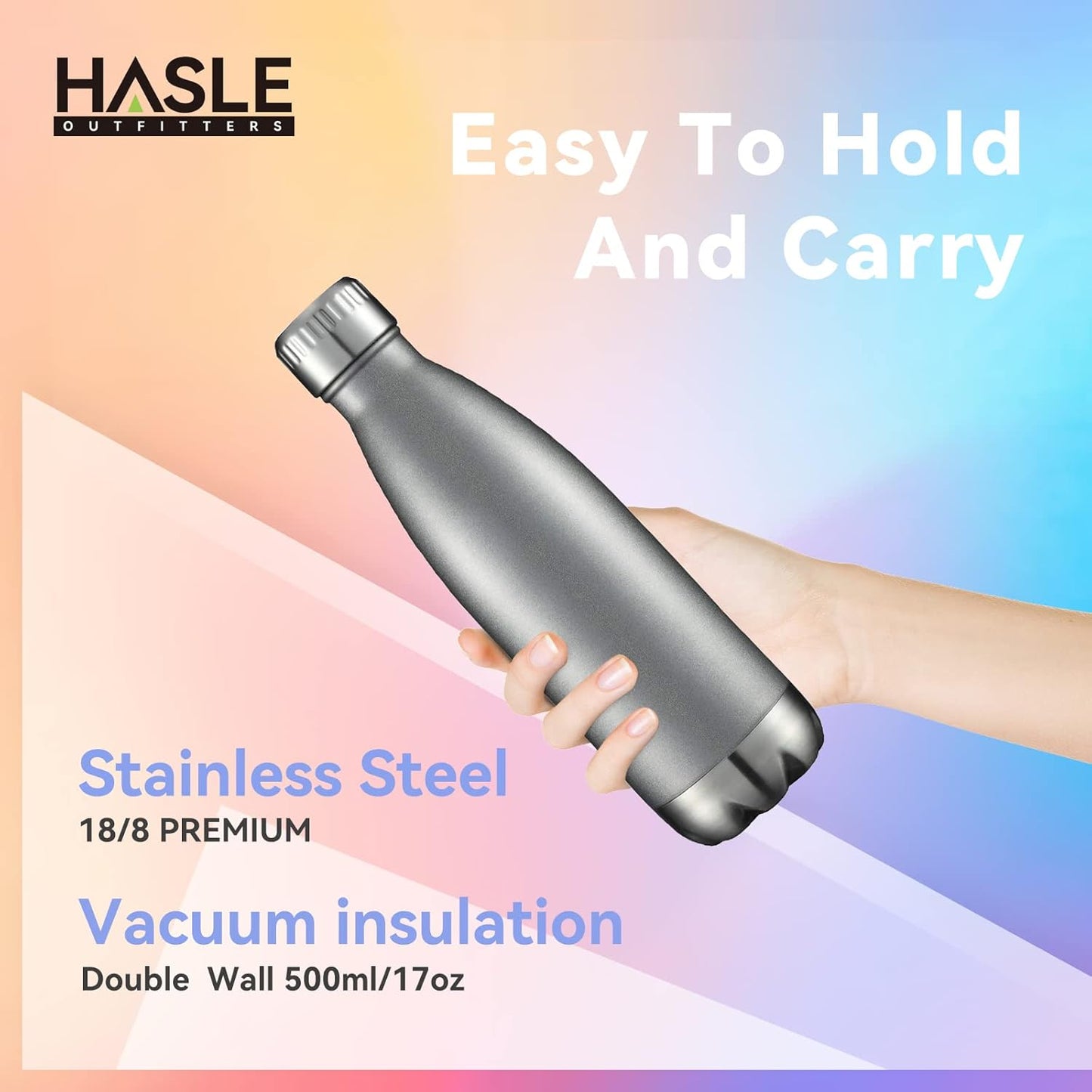 HASLE OUTFITTERS 17oz Stainless Steel Water Bottles Bulk, Vacuum Insulated Water Bottles Double Walled Reusable Metal Sports Water Bottles Keep Drinks Hot and Cold, Gray, 8Packs