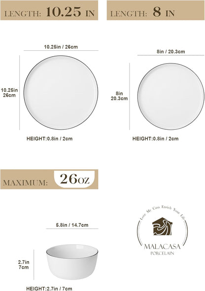 MALACASA 18 Pieces Gourmet Porcelain Dinnerware Sets, Premium Plates and Bowls Set, High-Fired Dishes Set for 6, Chip & Scratch Resistant, Microwave Dishwasher Safe, White & Black Rim, Series LEXI