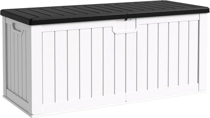 Flamaker Resin Deck Box 250 Gallon, Waterproof Imitation-Wood Lockable Storage Box with Separator Plate Outdoor Indoor, Garden, Patio Furniture for Tools&Pool Accessories (White with Black Cover)