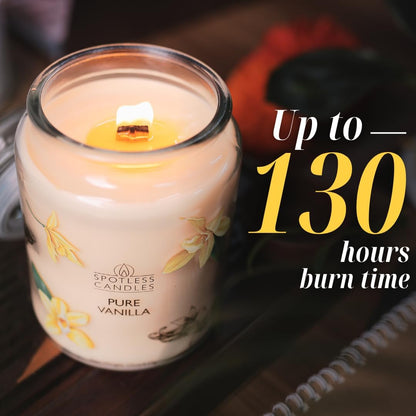 Vanilla Candle 22oz 16" x 9" Reusable Jar Candle 130 Hours Long Burn Time with Wooden Wick in Presentation Gift Box & Protective Shipper Spotless Leopard