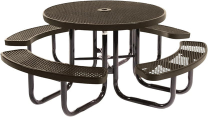 Coated Outdoor Furniture Heavy-Duty Portable Outdoor Picnic Table with Umbrella Hole, Expanded Metal Commercial-Grade Patio Dining Furniture Made in America (46" Round Top, Textured Brown)