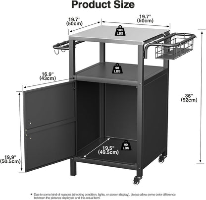 Outdoor Grill Cart with Storage Cabinet, Prep Table with Stainless Steel, BBQ Tables Cart Portable Patio Bar with Lockable Wheels, Movable Kitchen Island for Outside Backyard Patio