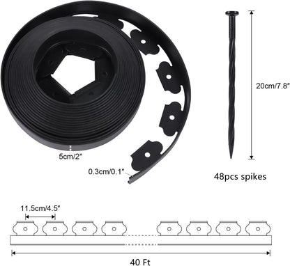 2 Inch Tall No Dig Durable Garden Landscape Edging Kit, Black Plastic Lawn Border with 48pcs Anchoring Spikes for Landscaping, Flower Gardens, Lawn (40FT+48pcs Anchoring Spikes)